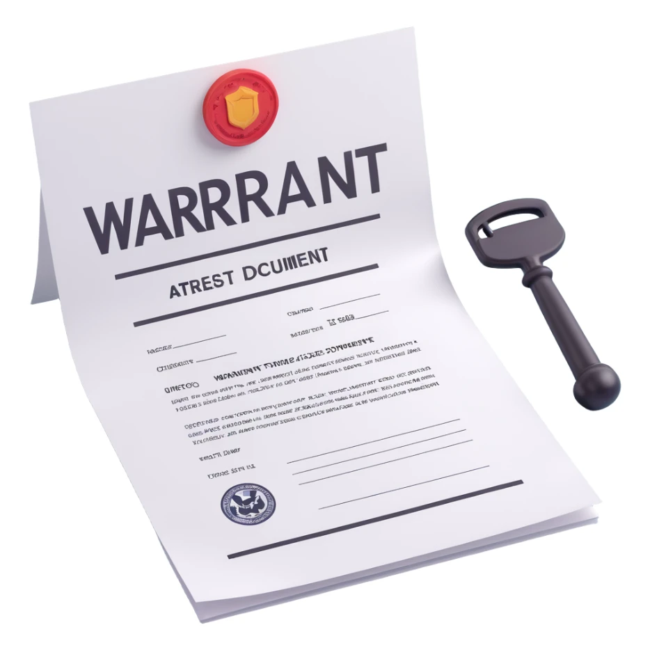 3D icon style arrest warrant document, white paper, large 'WARRANT' text at the top, body text, signature and official stamp at the bottom, bright lighting sticker