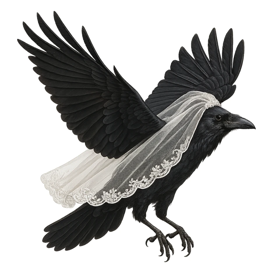 a flying raven wearing a white wedding veil, elegant, detailed, no background sticker
