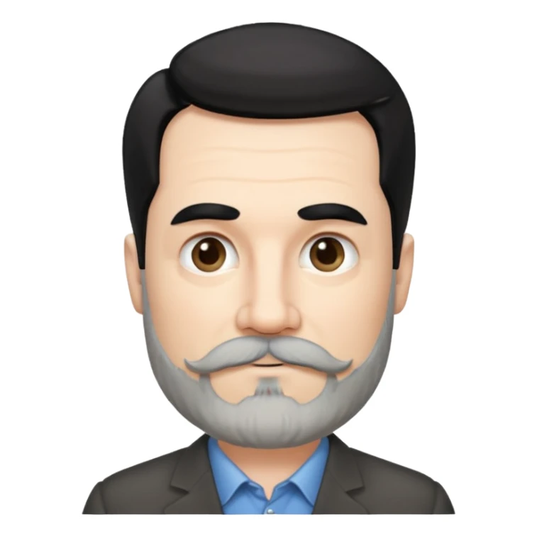50 yr old white man, pale skin black hair with some grey highlights, side swept part, groomed moustache and beard sticker