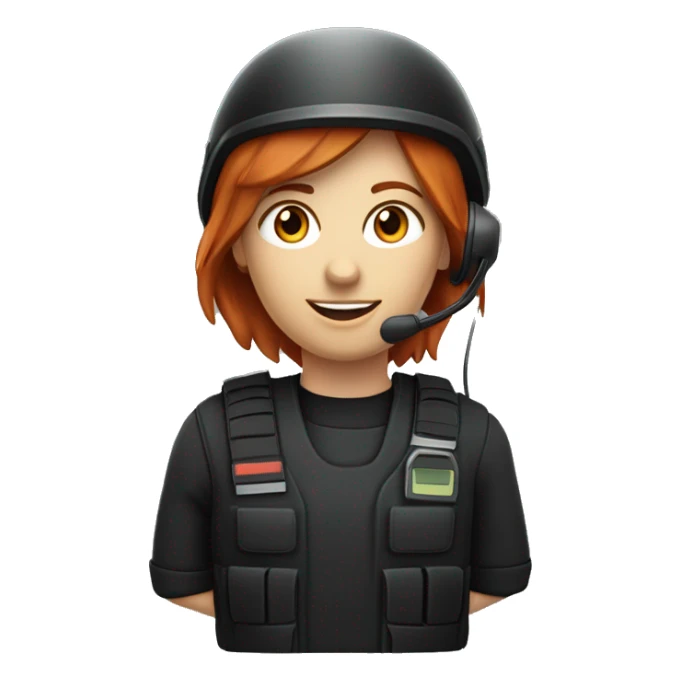operator dressed in black with a milatary helmet, without glasses, wearing a headset, ready to respond to alerts, preferably red-haired female  sticker