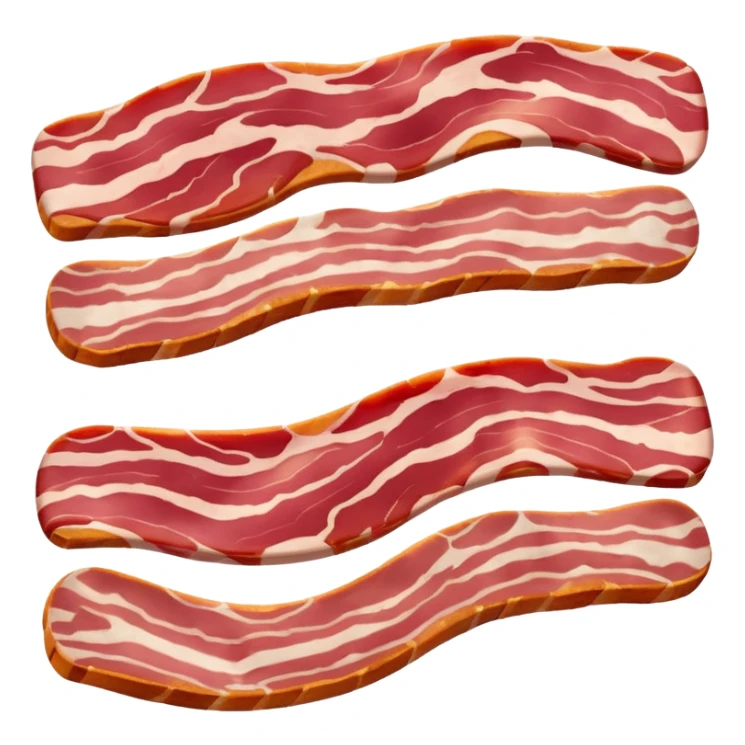 one strip of raw bacon, soft, flexible, pinkish-red with white fat, natural marbling, gentle curves, subtle irregular edges, fresh, slightly glossy, soft lighting, subtle shadows, no plate, no packaging, no faces, transparent background, emoji scale sticker