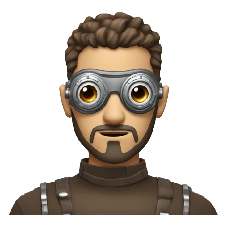 male cyborg head with brown shirt hair, brown beard, silver steampunk goggles and circuits sticker