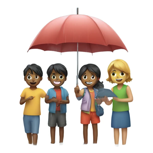 3 kids with a umbrella playing with a paper ship in the rain sticker