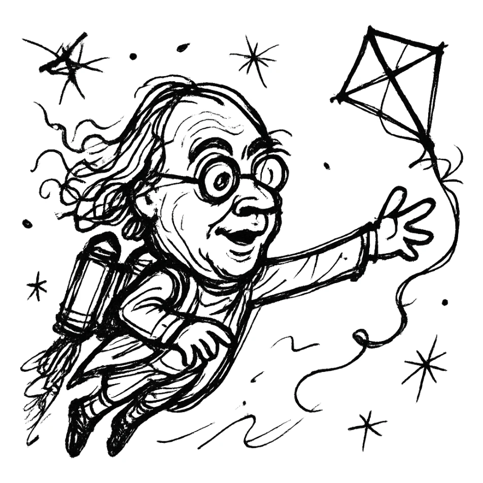 Ben Franklin with jetpack, left hand holding diamond kite, right arm out as if flying, minimalist black outline, slightly chaotic lines sticker