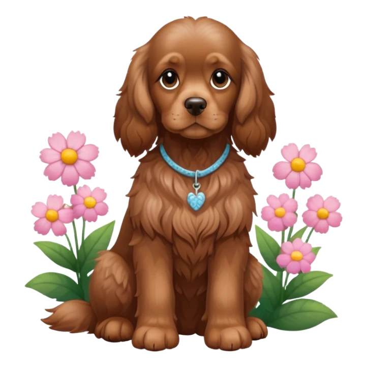 Full body shot of a brown cocker spaniel sitting with flowers sticker
