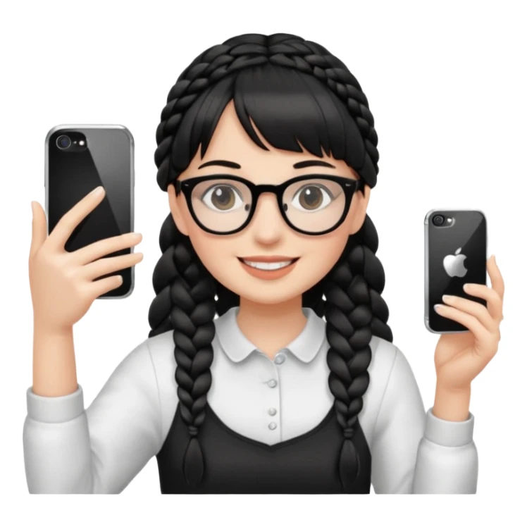 She's wearing black braided, full bangs and glasses and taking a mirror selfie with a white iPhone sticker