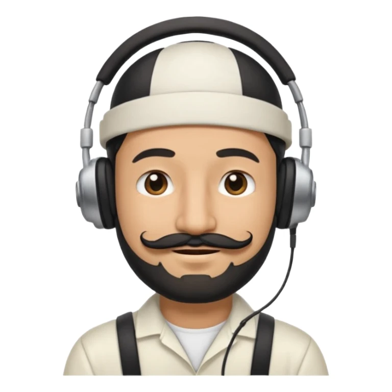 Half body man wearing white topi, lapray, black beard and moustache, headphones, eyes closed, realistic emoji style. sticker