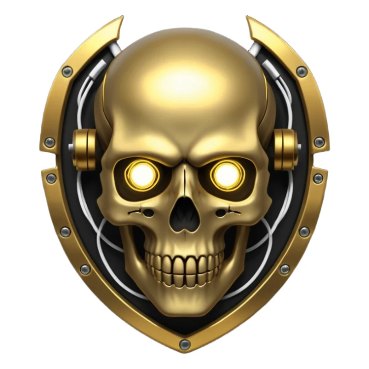 Cyberpunk shield, skull with cybernetic implants, glowing wires, dark electric gold and black tones, no background sticker
