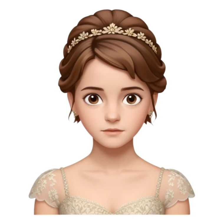Cinematic Emma Watson Realistic Rococo Portrait, depicted with lifelike skin texture, subtle rosy undertones, and soft natural lighting that enhances the gentle contours of her face. Her intricately detailed brown hair is elegantly styled in an updo, sticker