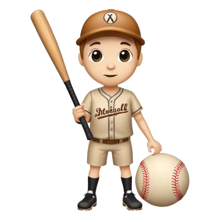 a wooden log trunk with thin legs, a cute face, holding a baseball bat sticker