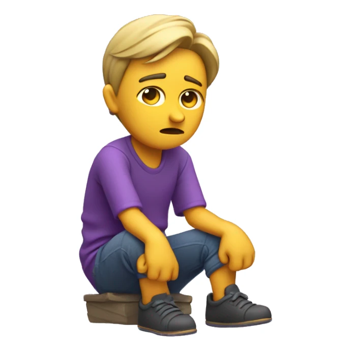 A sad 3D character sitting with slouched shoulders, looking down, and frowning. Teardrops on the face, hands resting in their lap, with a purple color theme enhancing the melancholic mood sticker