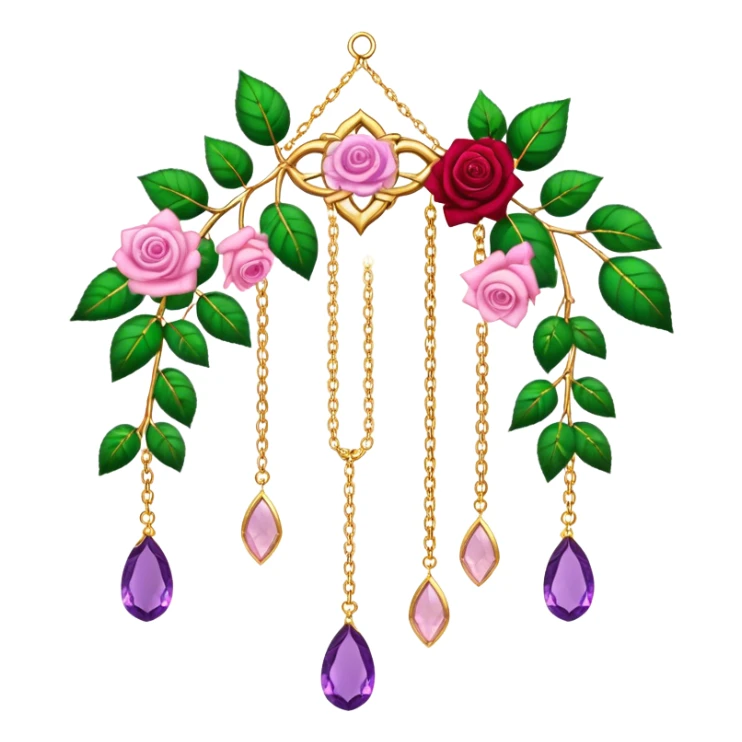 Hanging suncatcher, gold chains with shiny sparkly amethyst and rose-quartz gemstones, roses, beautiful leaves, gorgeous aesthetics sticker