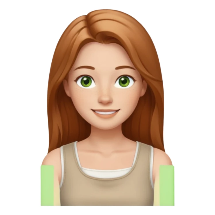 confident woman named Freya McOmish, smiling, green eyes, long light brown hair with a center part, subtle freckles, modern casual style, broad shoulders, wearing a white sleeveless square neck top sticker