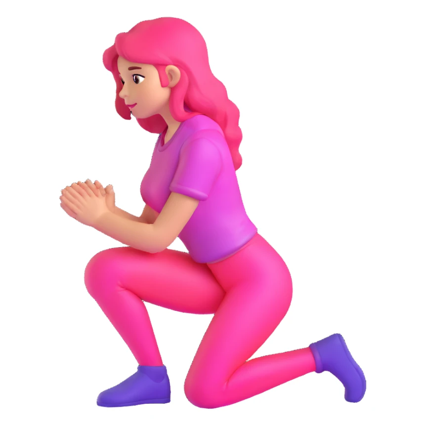 Girl kneeling in playful pose, transparent glass style, bright pink gradient, with shadows and highlights, minimalist design sticker