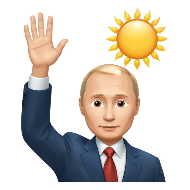 Putin stands with his right hand raised towards the sun sticker