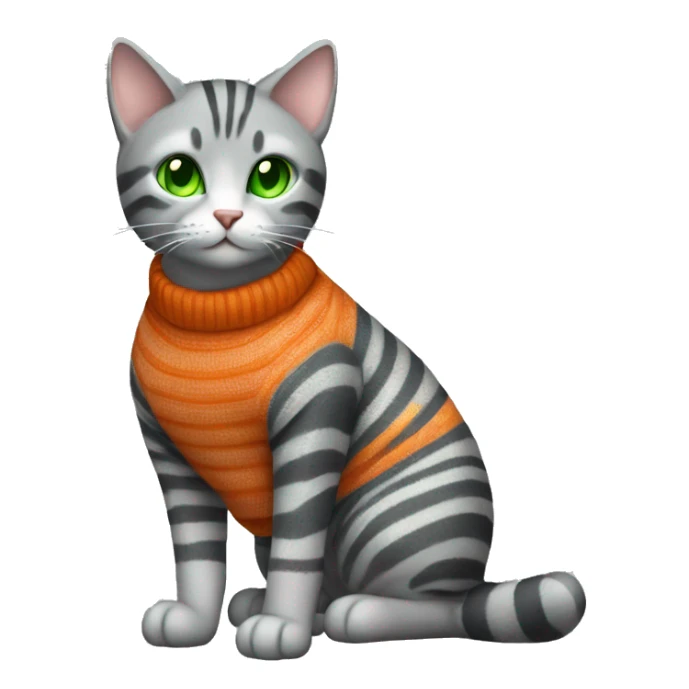 A striped grey cat with green eyes with orange sweater in full growth sticker