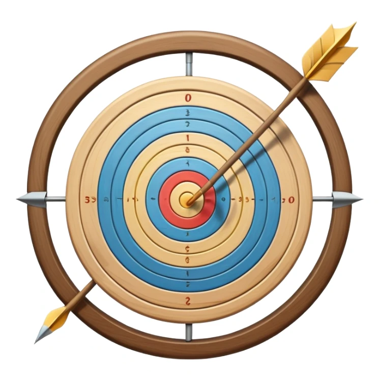 A bow with an arrow drawn back, aimed at a target with concentric rings. The background suggests a calm, outdoor archery range, emphasizing the precision, focus, and skill required in archery as a competitive sport. sticker