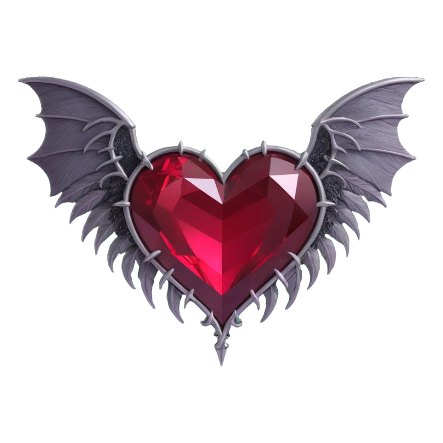 gothic heart, dark crimson crystal, silver bat wings, feather details, lush and gothic sticker