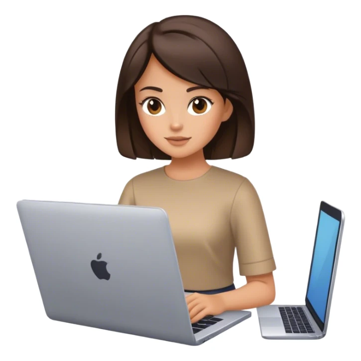 a brunette girl with a square hairstyle, with a laptop sticker