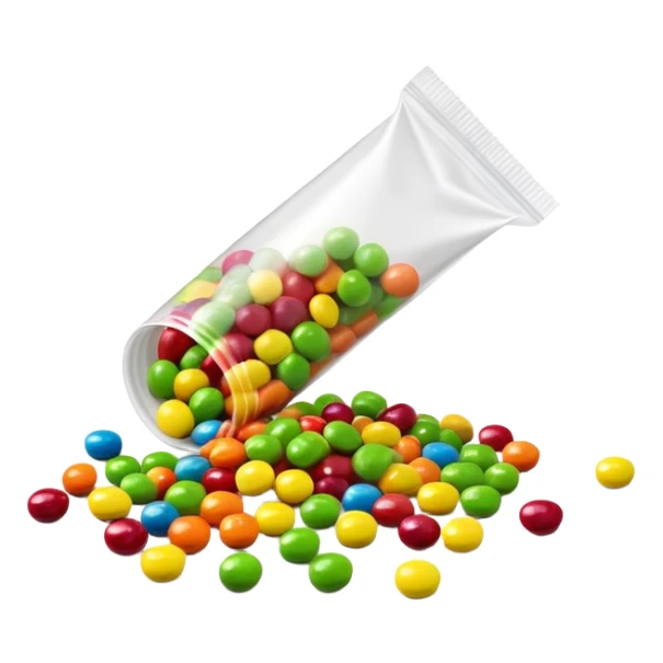 Minimalist top-down view of an open Skittles package with green candies spilling out. Simple rainbow colors on package, clean design. sticker