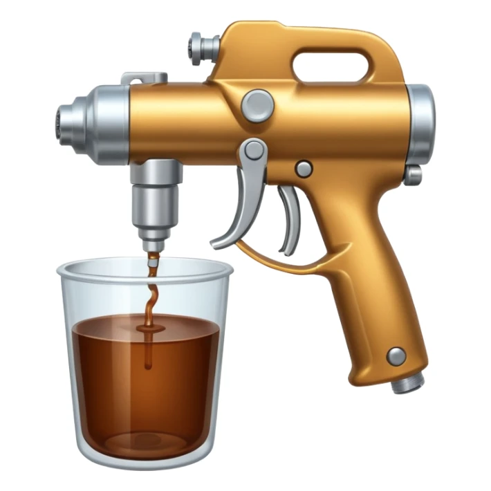 metal spray gun with clear sealed cup with brown liquid attached sticker