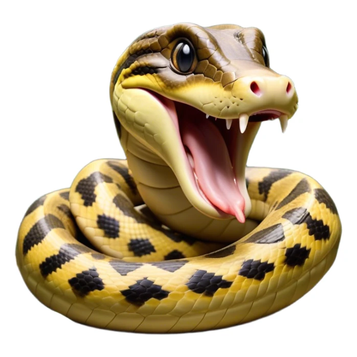 Cinematic Cute Yawning Anaconda Portrait Emoji, Head tilted slightly with a dramatic, wide-open yawn, showcasing a sinuous, scaled form with half-closed, drowsy eyes and an open, relaxed mouth, Simplified yet irresistibly adorable features, highly detailed, glowing with a soft, cozy jungle glow, high shine, relaxed yet expressive, stylized with a dash of whimsical reptilian charm, soft glowing outline, capturing the essence of a drowsy yet affectionate anaconda that appears ready to stretch out for a nap! sticker