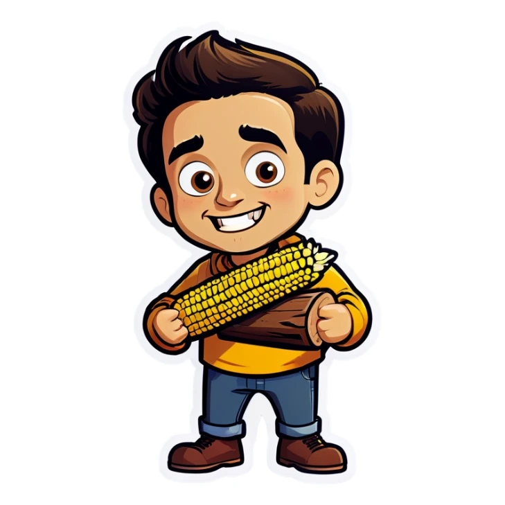 A yellow Spanish bold corn with a suspicious smile holding logs in his hands and about to eat them sticker