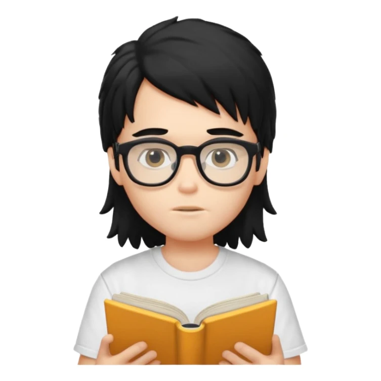 generate a pretty fair bratz boy with a long messy mullet (black hair), wearing a white tshirt. Reading a book. He has spectacles on.  sticker