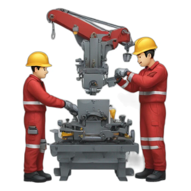 a team of two people disassembling industrial machinery with red uniforms sticker