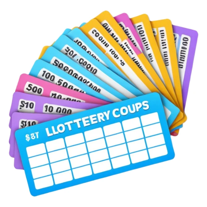 Create blank lottery coupons fanned out, clean and colorful, with different header colors and simple grid sections. No numbers, no text—just empty fields and a lottery-ticket layout. Bright, modern, and on a neutral background. sticker