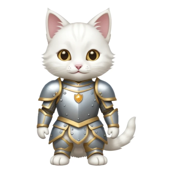 baby white cat in armor, full body, smile sticker