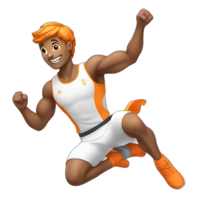 male athletic parcour athlete in orange white cloths, captured mid-air sticker