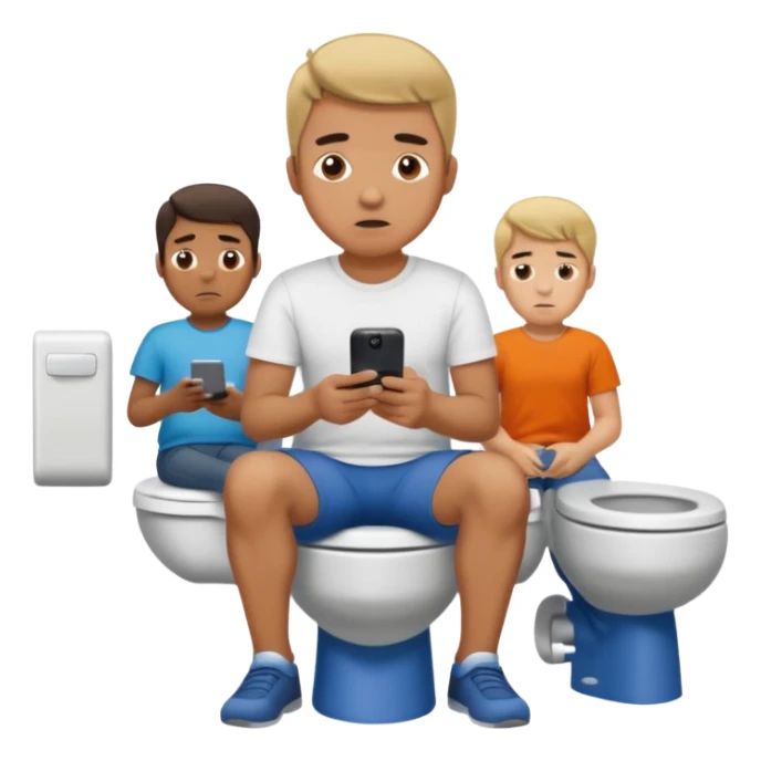 Man on toilet playing on phone while people wait to use bathroom sticker
