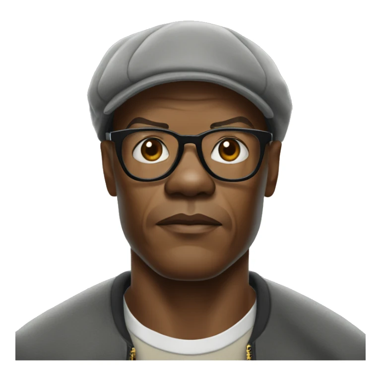 bald samuel l jackson serious wearing shirt and backwards Kangol sticker