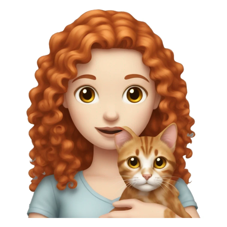 Pale skin Red hair curly girl holding tabby cat sticker