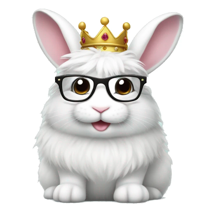 cute super fluffy white bunny with glasses wearing a crown sticker