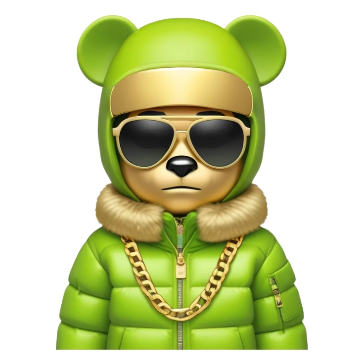 geometric bearbrick in lime balaclava with brand logos, luxurious puffy winter jacket with fur collar, futuristic one-piece shield sunglasses, multiple gold chains, hip hop style sticker