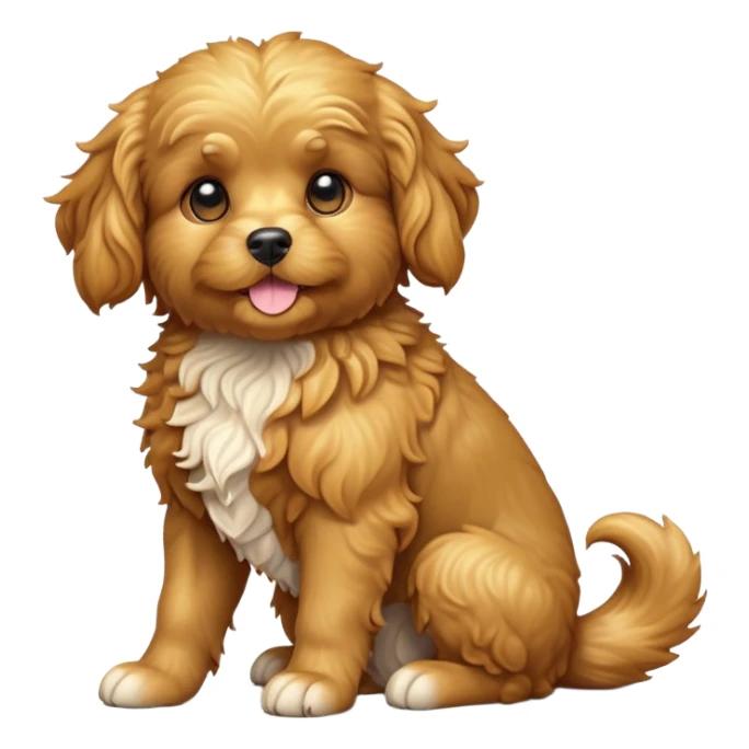 cinematic-[cavoodle dog]-realistic-full-body-sitting-emoji,-tail-resting-loosely-beside-its-paws,-head-tilted-dramatically,-curly-[solid golden]-fur,-simplified-yet-realistic-focused-features,-highly-detailed,-glowing-with-an-almost-sarcastic-glow sticker