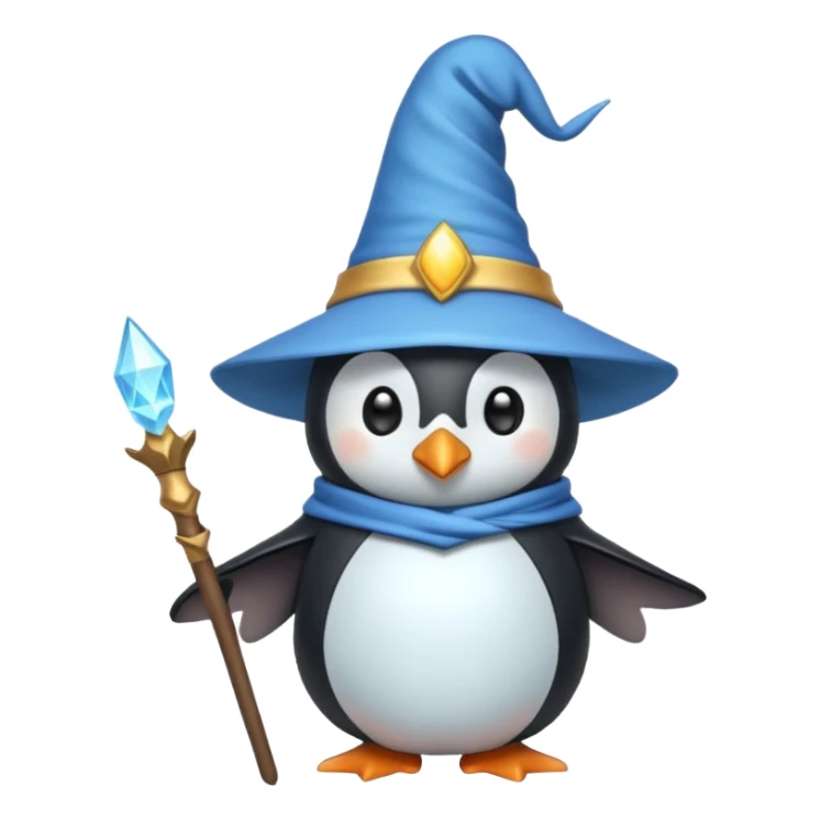 penguin wizard with a pointy hat and magic staff, whimsical emoji style sticker