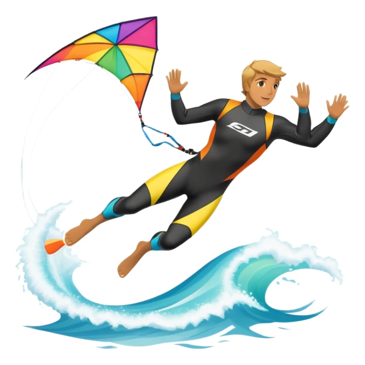 A kitesurfer soaring through the sky, harnessing the wind on a bright, colorful kite. The scene shows the surfer gliding over the water with the kite above, emphasizing the freedom, speed, and thrill of the sport in a dynamic coastal setting. sticker