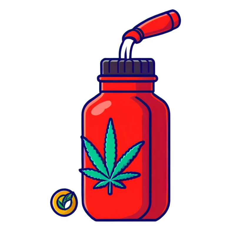 bright red gasoline canister surrounded by a banana, an apple, grapes, and a cannabis leaf, red fuel can with fruits and marijuana leaf arranged around it sticker