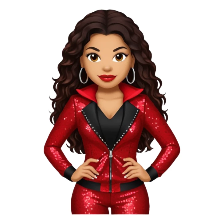 Jordin Sparks with long dark brown hair, red sequin outfit sticker