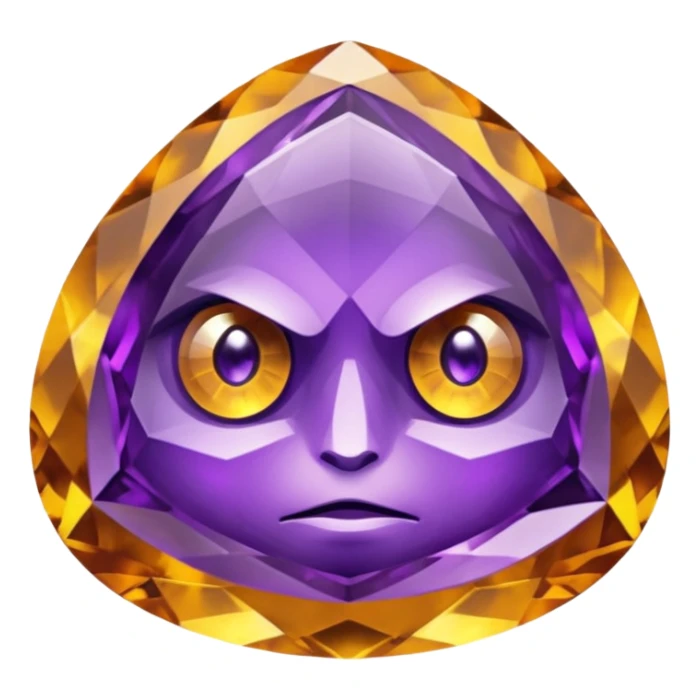 Single gemstone amethyst character, warm golden citrine, squat and heavy like a rock, with carved facets with eyes sticker