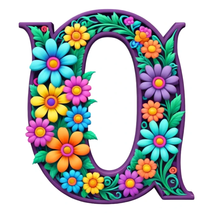 3D, gothic style psychedelic colored capital Letter Q with hippie style flower border sticker
