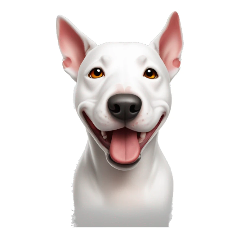 A white bull terrier dog with red and white target on the eye sticker