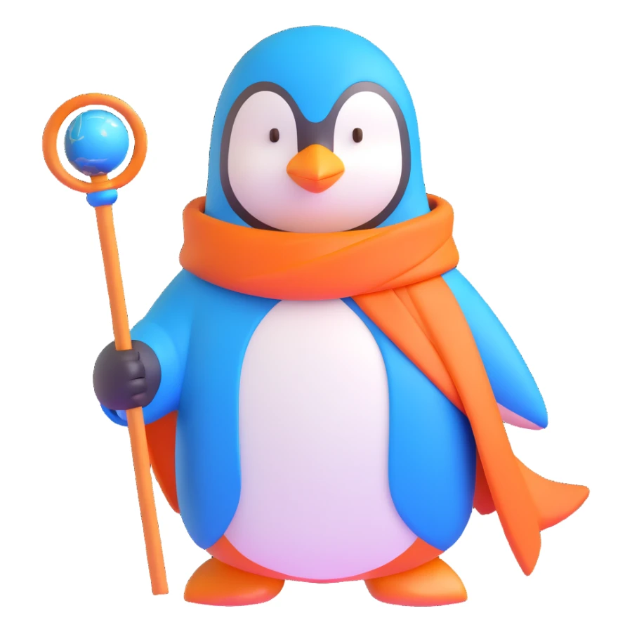 penguin wizard with a blue robe and magical staff sticker