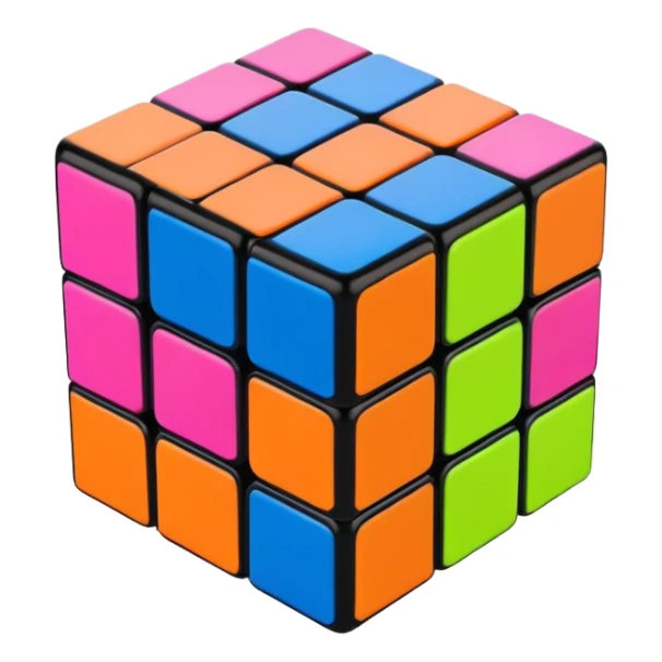 A 3x3 Rubik's Cube completely scrambled, with 90s American color palette, fluorescent orange, lime green, hot pink, electric blue, viewed from above sticker