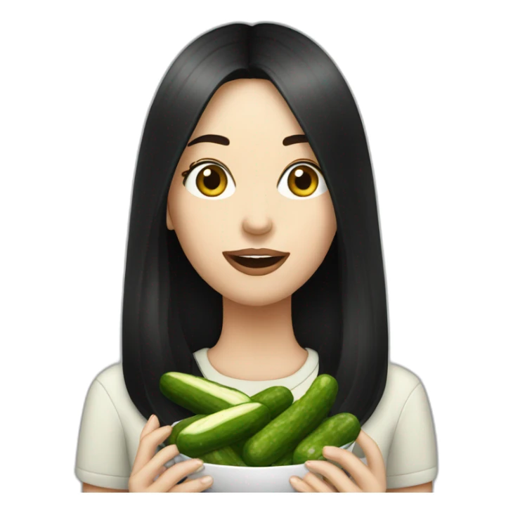 white woman with black long straight hair while eating pickles sticker