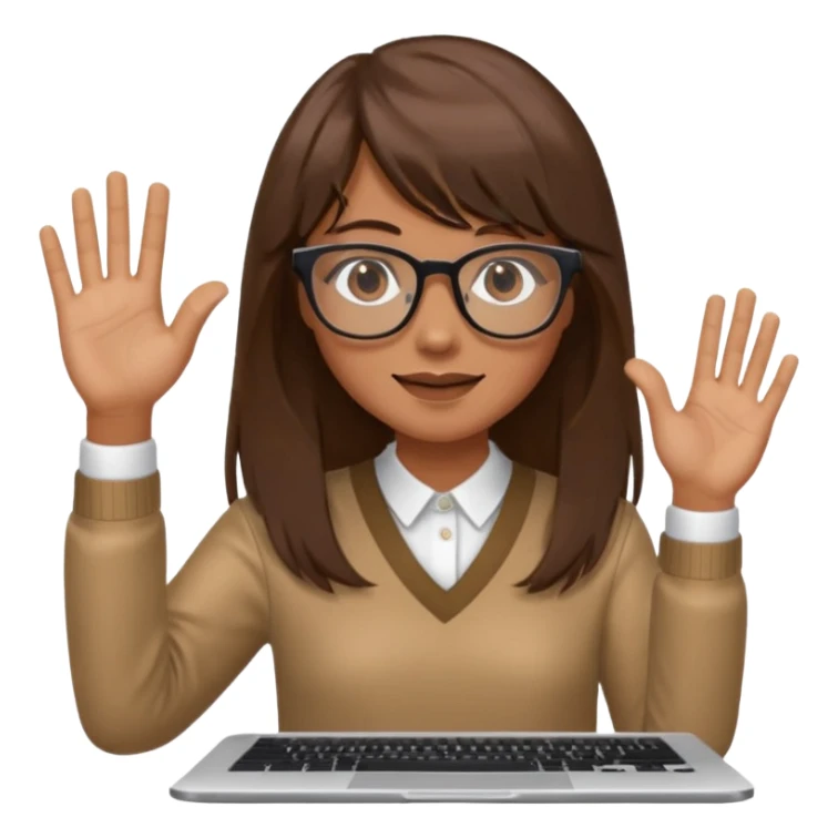 a designer with tan skin long brown hair bangs waving with computer sticker