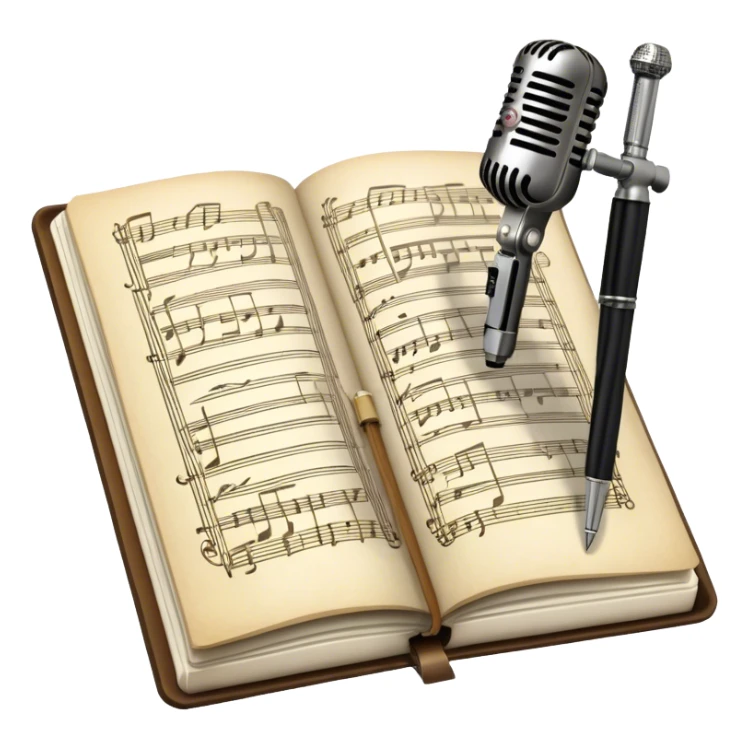 Create an emoji representing songwriting. The design should feature an open notebook or sheet music with visible lyrics between the musical notes, symbolizing the process of writing song lyrics. The text between the notes should be clearly visible. A pen or pencil should be placed near the notebook, indicating active writing. Optionally, include a single vintage microphone lying beside the notebook (not on the music notes) to add a creative touch. Use a harmonious color palette with warm and neutral tones. Do not include any emojis or smiley faces. Make the background transparent. sticker